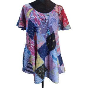 Advance Hippie Bohemian Festival Patchwork Blouse A-Line Tunic Top OS pockets